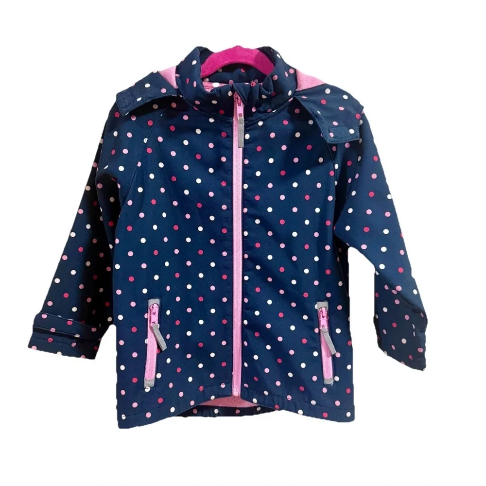 MGEOY Navy Polka Dot Raincoat Girls Fleece Lined Hooded Zip Pocket Sz 120 or 5-6